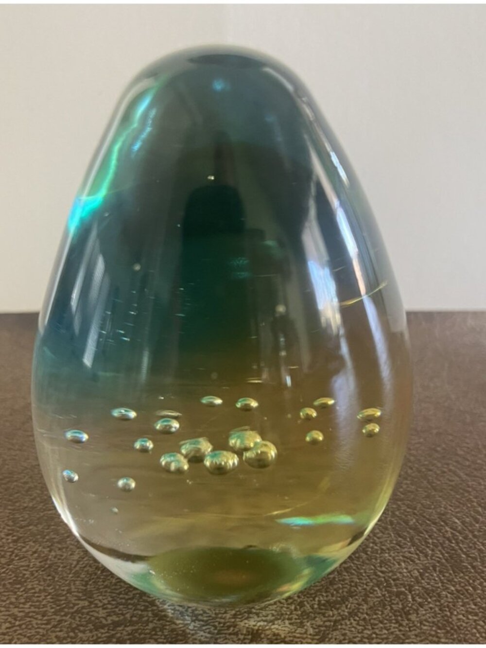 Vintage Art Glass Egg Paperweight Controlled Bubble Blue Amber 4" Tall Unsigned